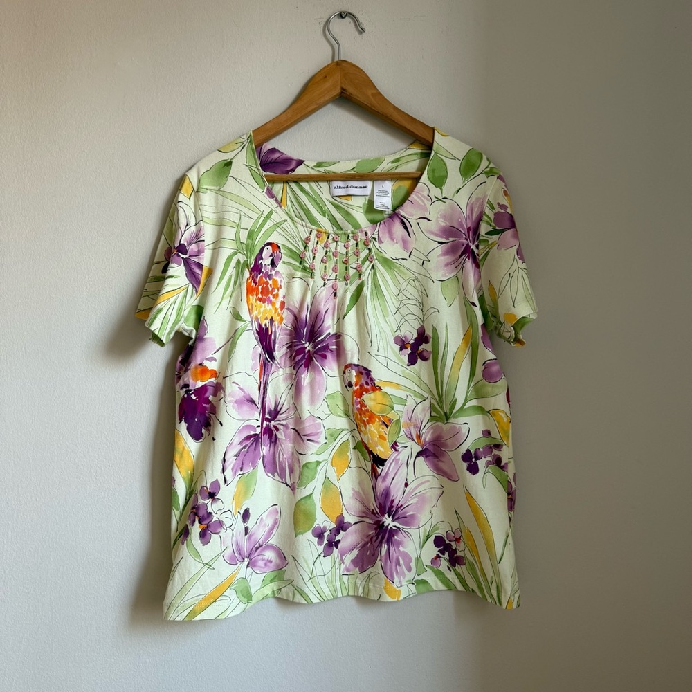 Alfred Dunner Floral Short Sleeve Top Size L Cotton Stretch Blouse Cotton